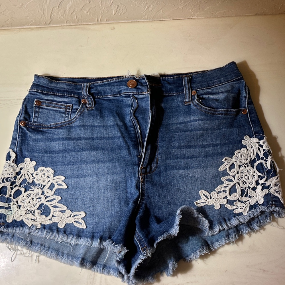 Altar'd State Blue Jean Shorts with White Lace